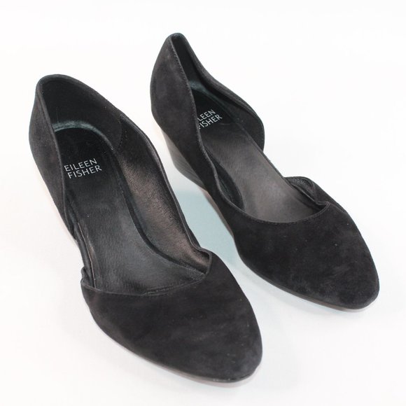 Eileen Fisher Black Suede Low Wedge Heels - Picture 2 of 12